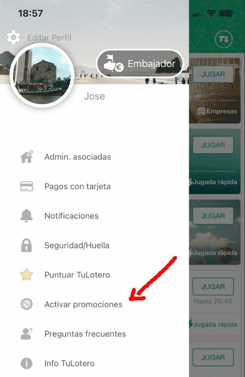 Opción Activar promociones dentro del menú de TuLotero