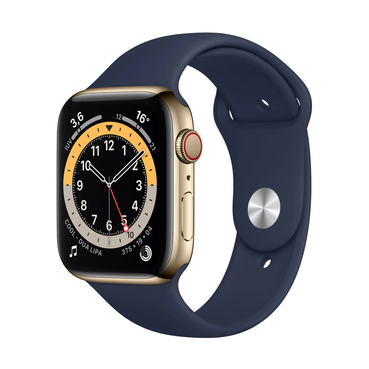 Apple Watch Series 6 GPS + Cellular, 44 mm Caja de aluminio en color oro con correa deportiva azul marino