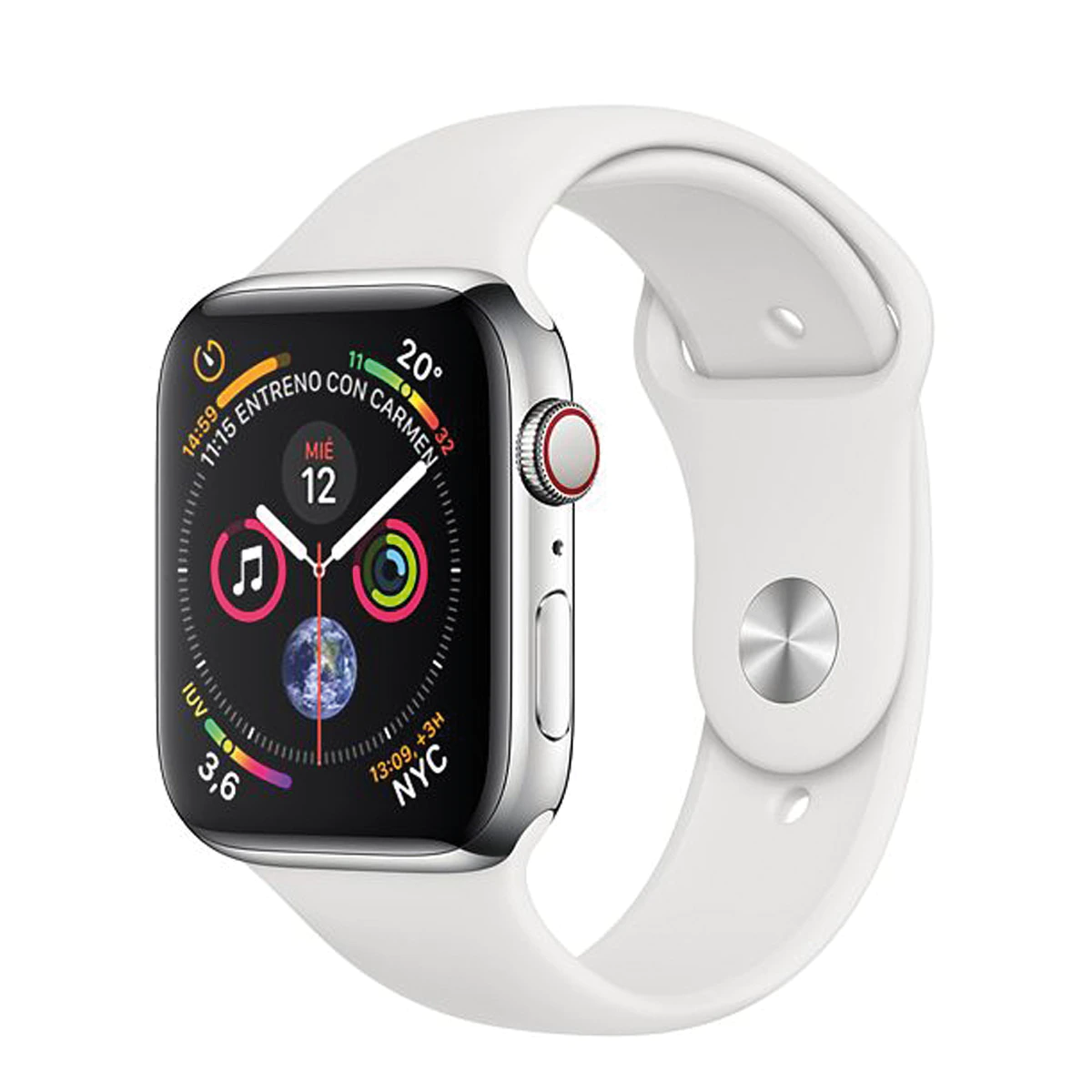 Apple Watch Series 4 GPS + Cellular, 44mm Caja de Acero Inoxidable con Correa Deportiva Blanca