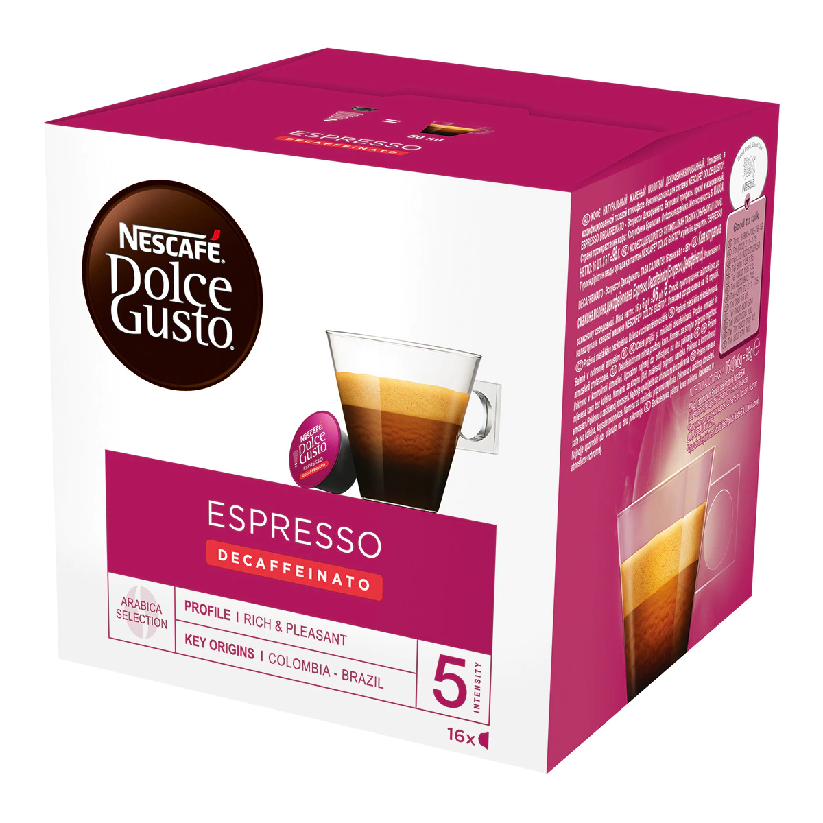 Estuche 16 cápsulas NESCAFE DOLCE GUSTO café espresso descafeinado selección arábica de Colombia y Brasil intensidad 5