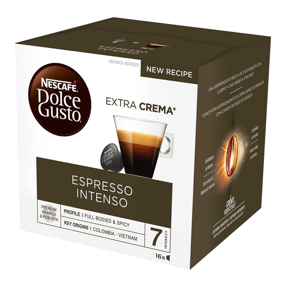 Estuche 16 cápsulas NESCAFE DOLCE GUSTO café Espresso Intenso Premium arábica y robusta de Colombia y Vietnam intensidad 7