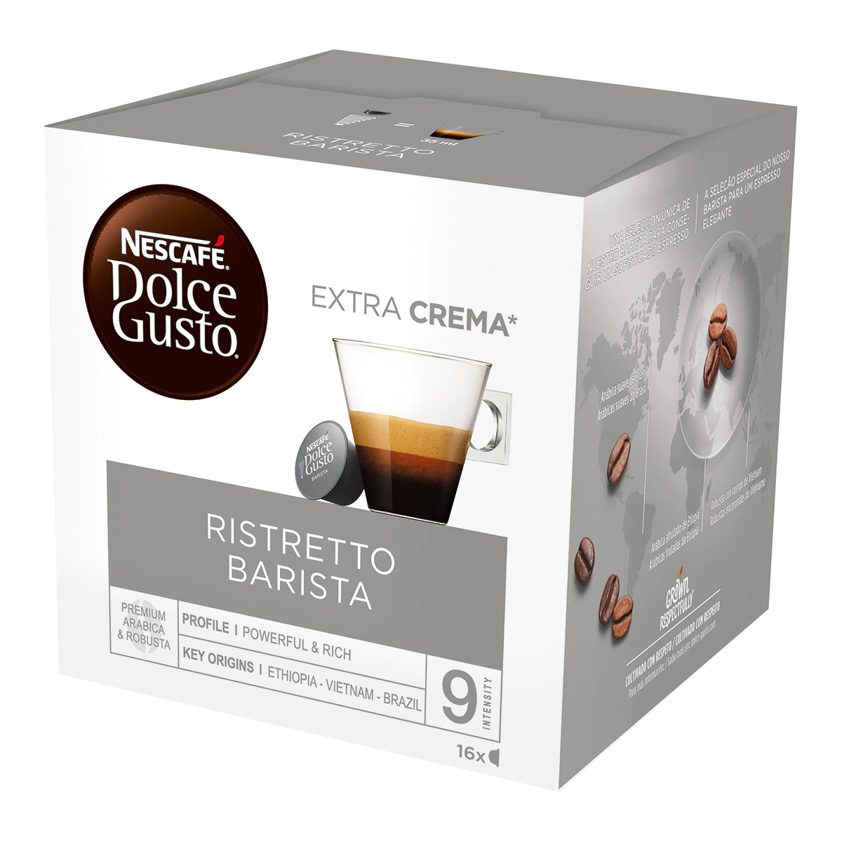 Estuche 16 cápsulas DOLCE GUSTO café espresso Barista Premium arábica y robusta de Ethiopía, Vietnam y Brasil intensidad