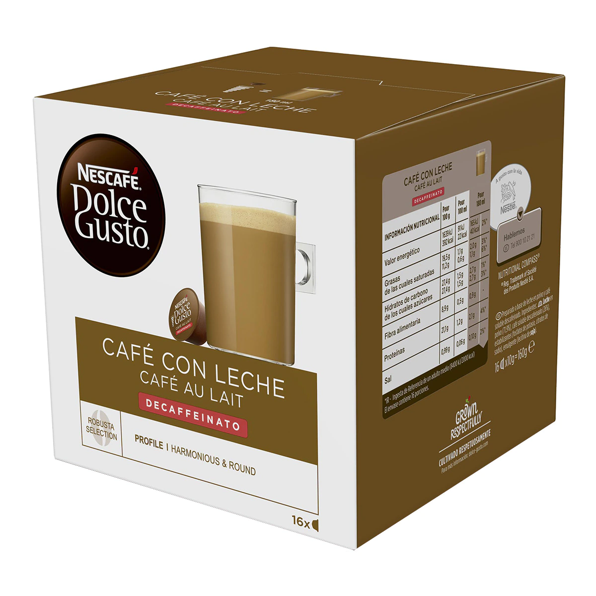 Estuche 16 cápsulas NESCAFE DOLCE GUSTO café con leche decaffeinato Selección robusta