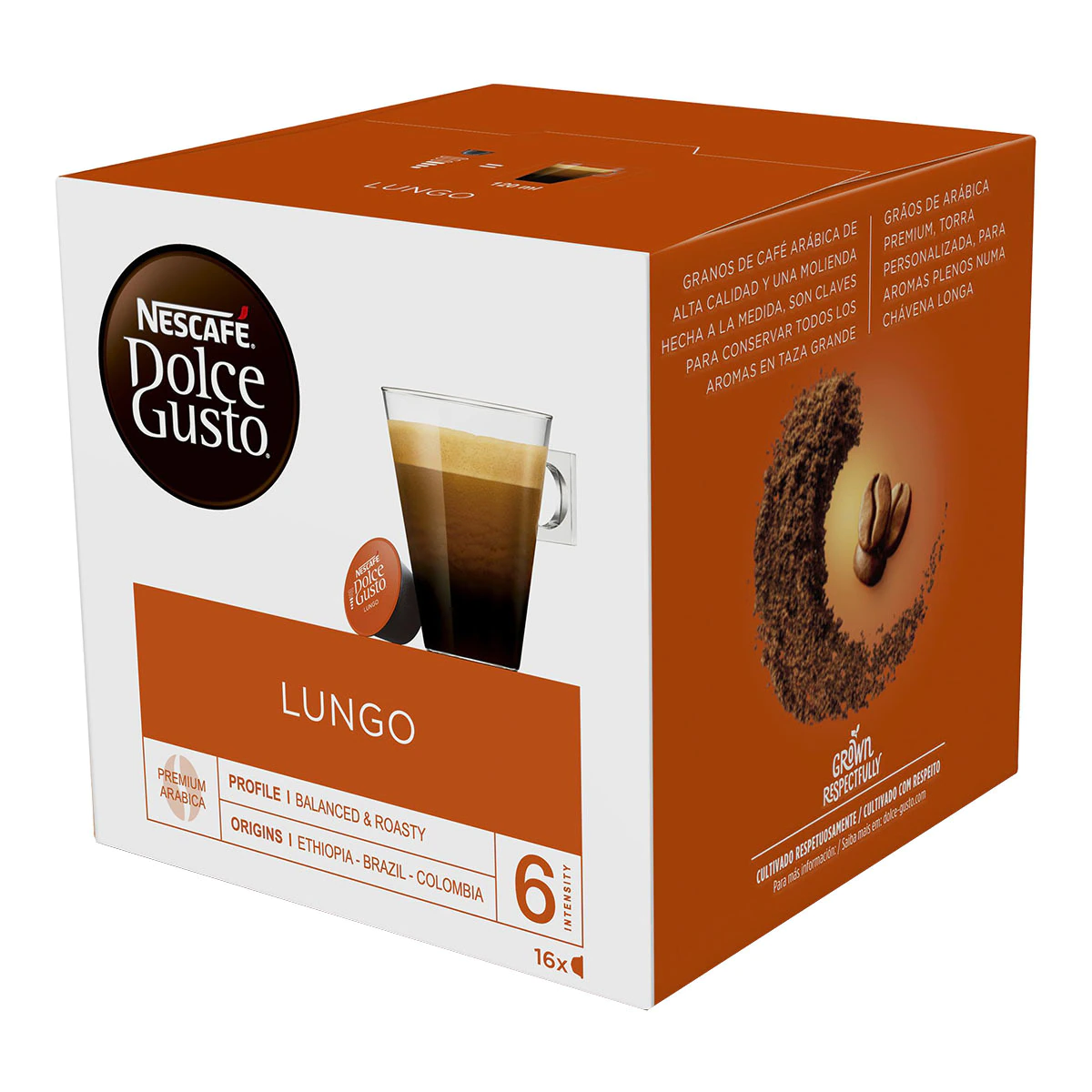 Estuche 16 cápsulas DOLCE GUSTO café Lungo Premium arábica de Ethiopía, Brasil y Colombia de intensidad 6