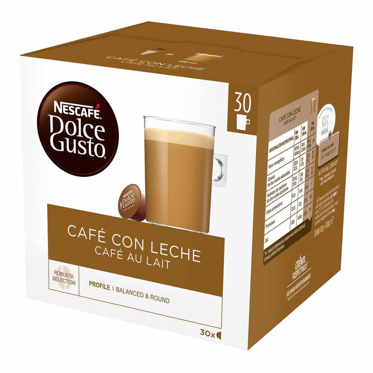 Estuche 30 cápsulas NESCAFE DOLCE GUSTO café con leche selección robusta