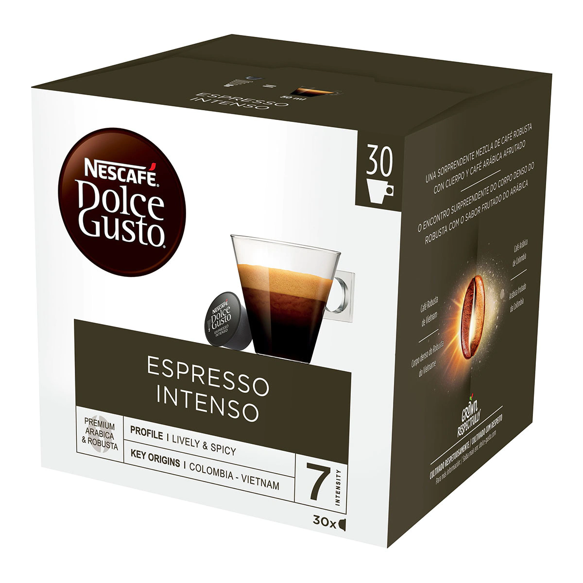 Estuche 30 + 4 cápsulas NESCAFE DOLCE GUSTO café Espresso Intenso Premium arábica y robusta de Colombia y Vietnam intensidad 7