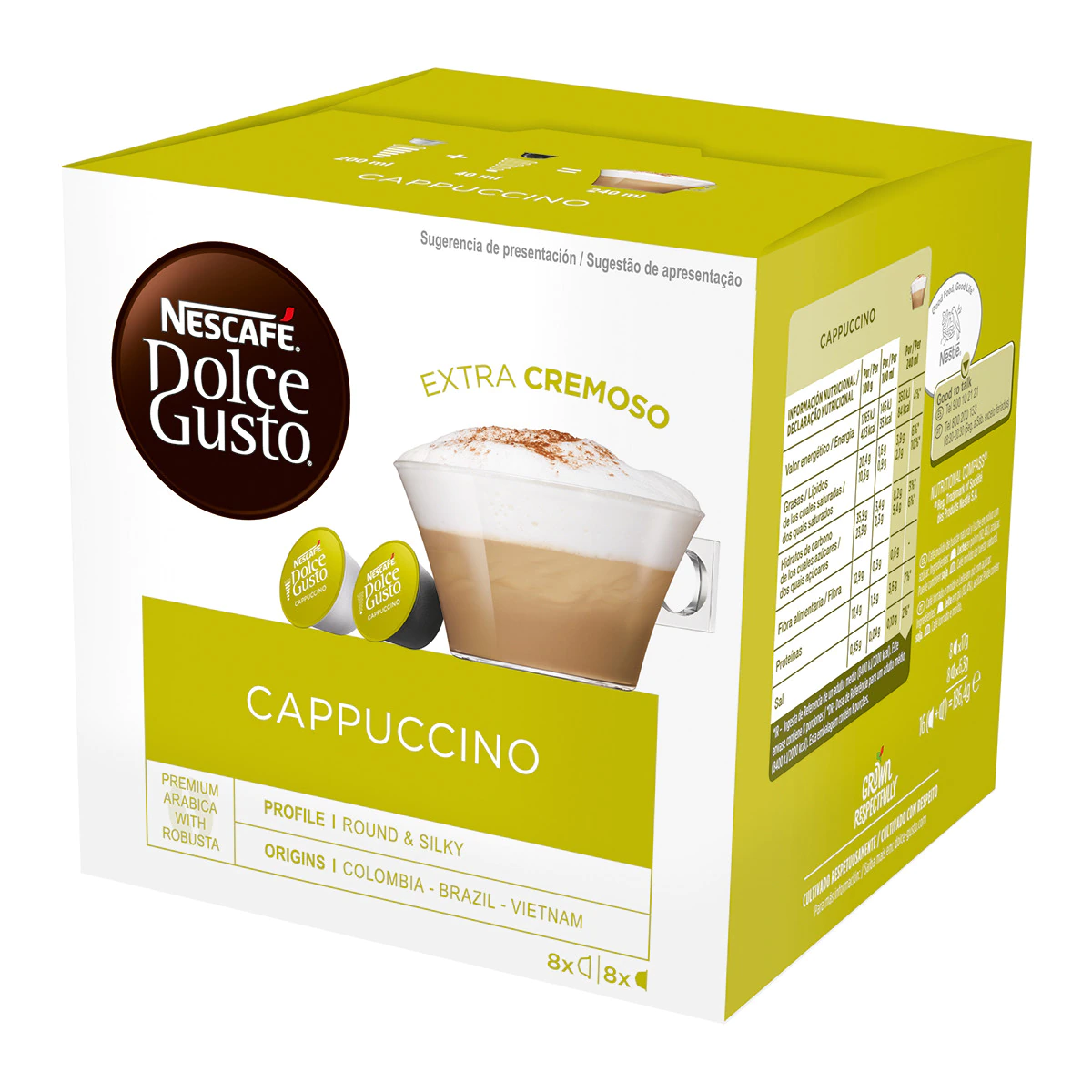 Estuche 8 cápsulas de café + 8 cápsulas de leche NESCAFE DOLCE GUSTO café Cappuccino Premium arábica y robusta de Colombia, Brasil y Vietnam intensida
